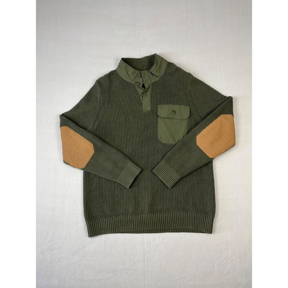 Duluth Trading Brigadier Button Mock Sweater Mens L Green Elbow Patch Pullover - Picture 1 of 10
